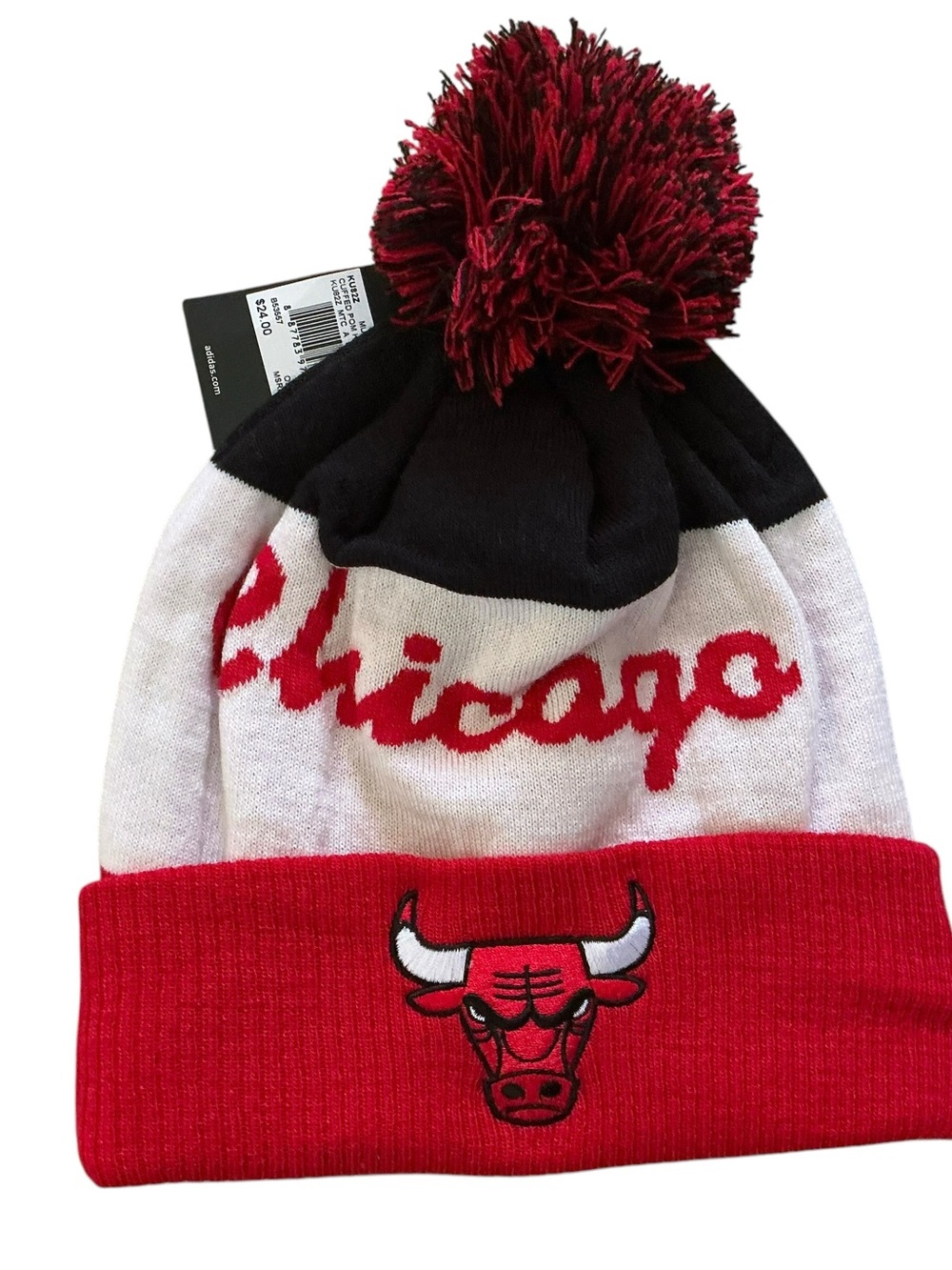 Chicago Bulls NBA Adidas cuffed pom hat one size red,white and black striped